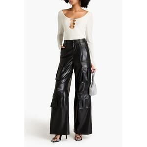 Alice + Olivia Ecru Crystal-Embellished Scoop Neck Cutout Crepe Bodysuit Small